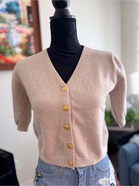 Ladies Short-Sleeve V-Neck Button Cardigan Sweater in Blush